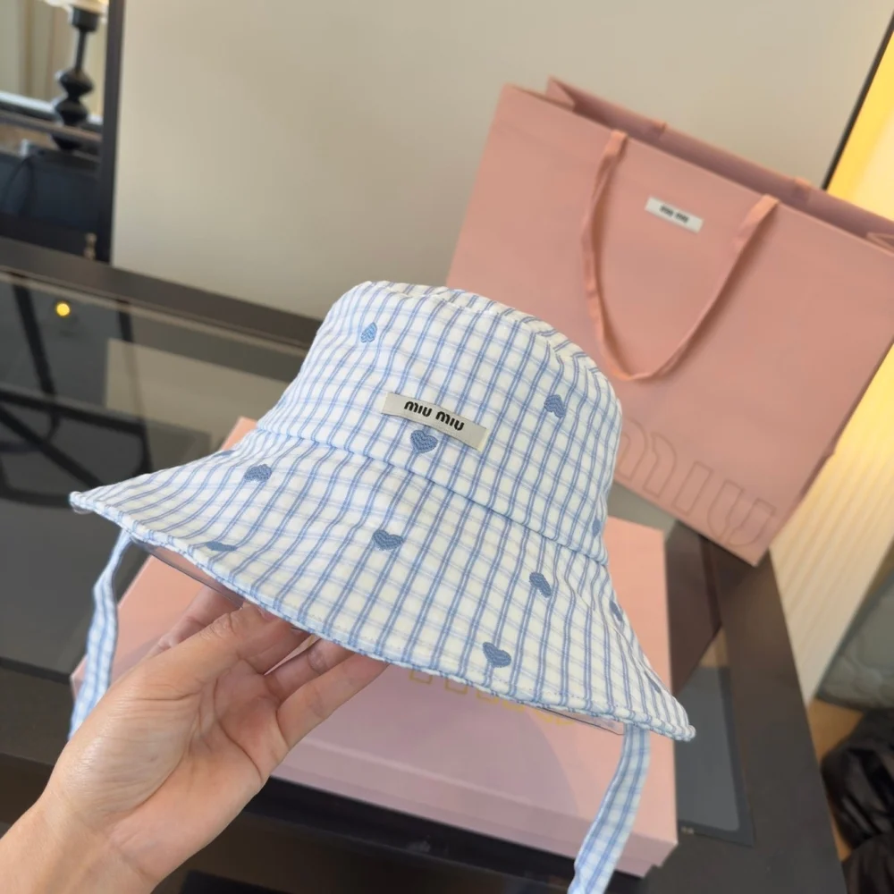 Miu Miu Blue White Gingham Heart Embroidery Bucket Hat